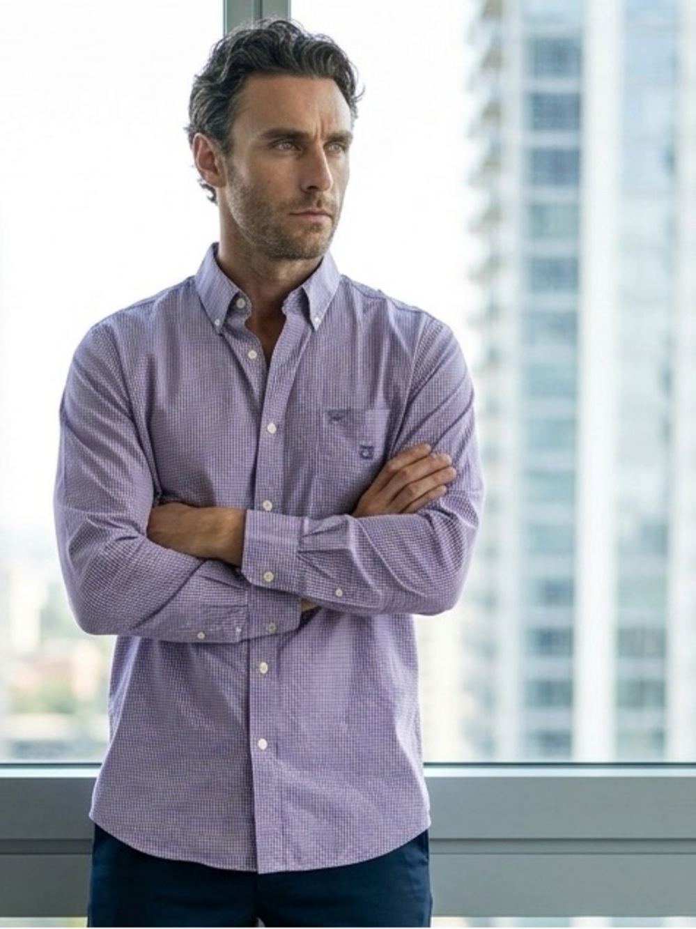 Chaps Men's Lavender Check Stretch Easy Care Button-Down Shirt Size XL